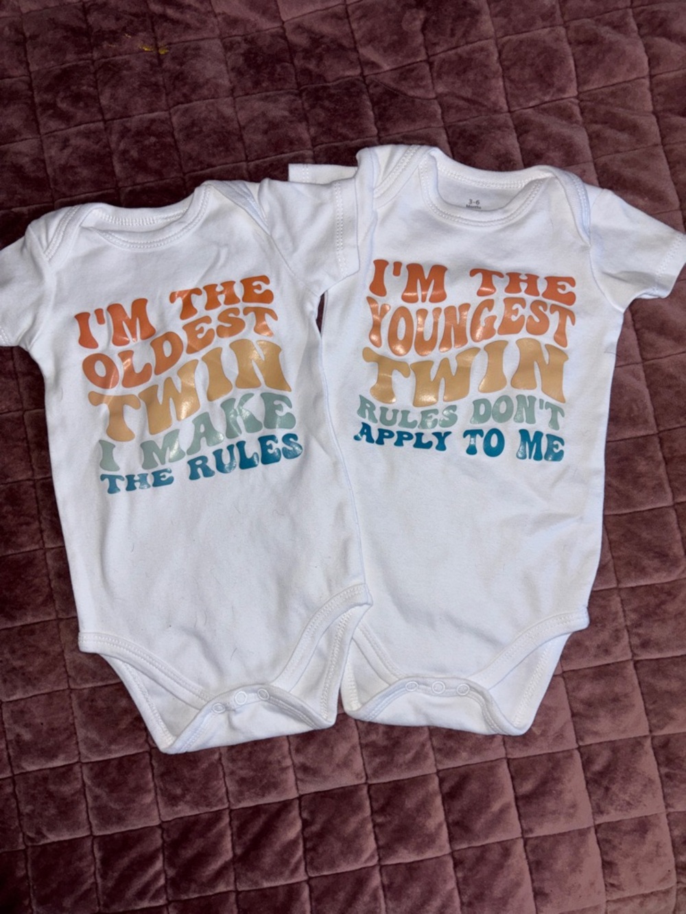 White Twin Onesies - "Oldest" and "Youngest" Graphic Set